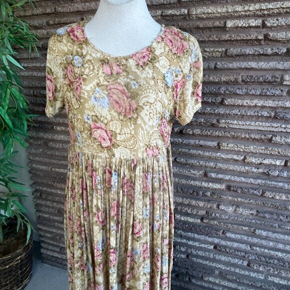 Jane Ashley Vintage 90s Gold Beaded Floral Grunge Back Tie Dress Size Small - Picture 5 of 13